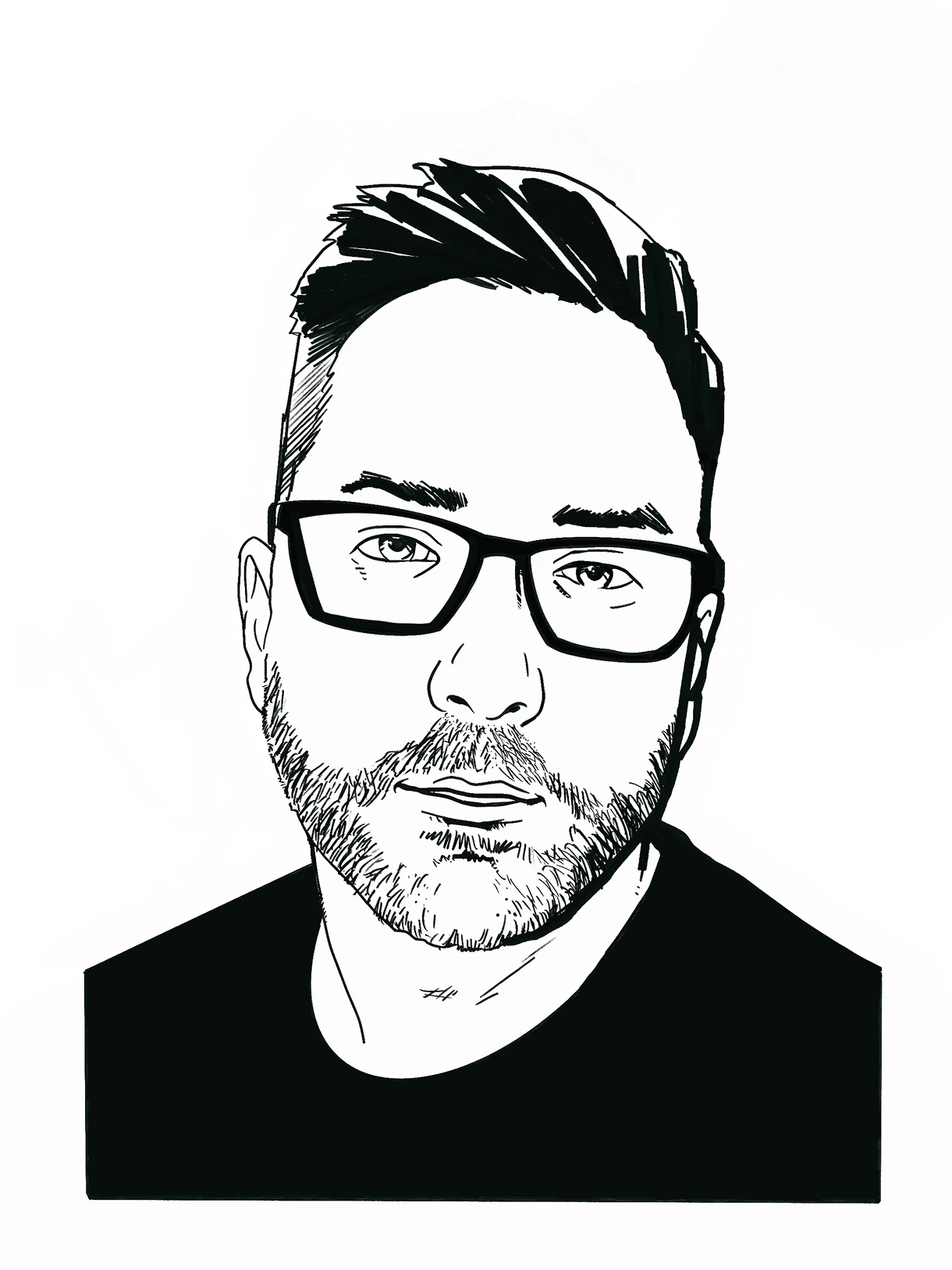 Black-and-white digital self portrait drawn in Procreate