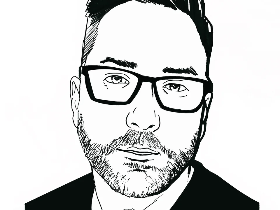Black-and-white digital self portrait illustration