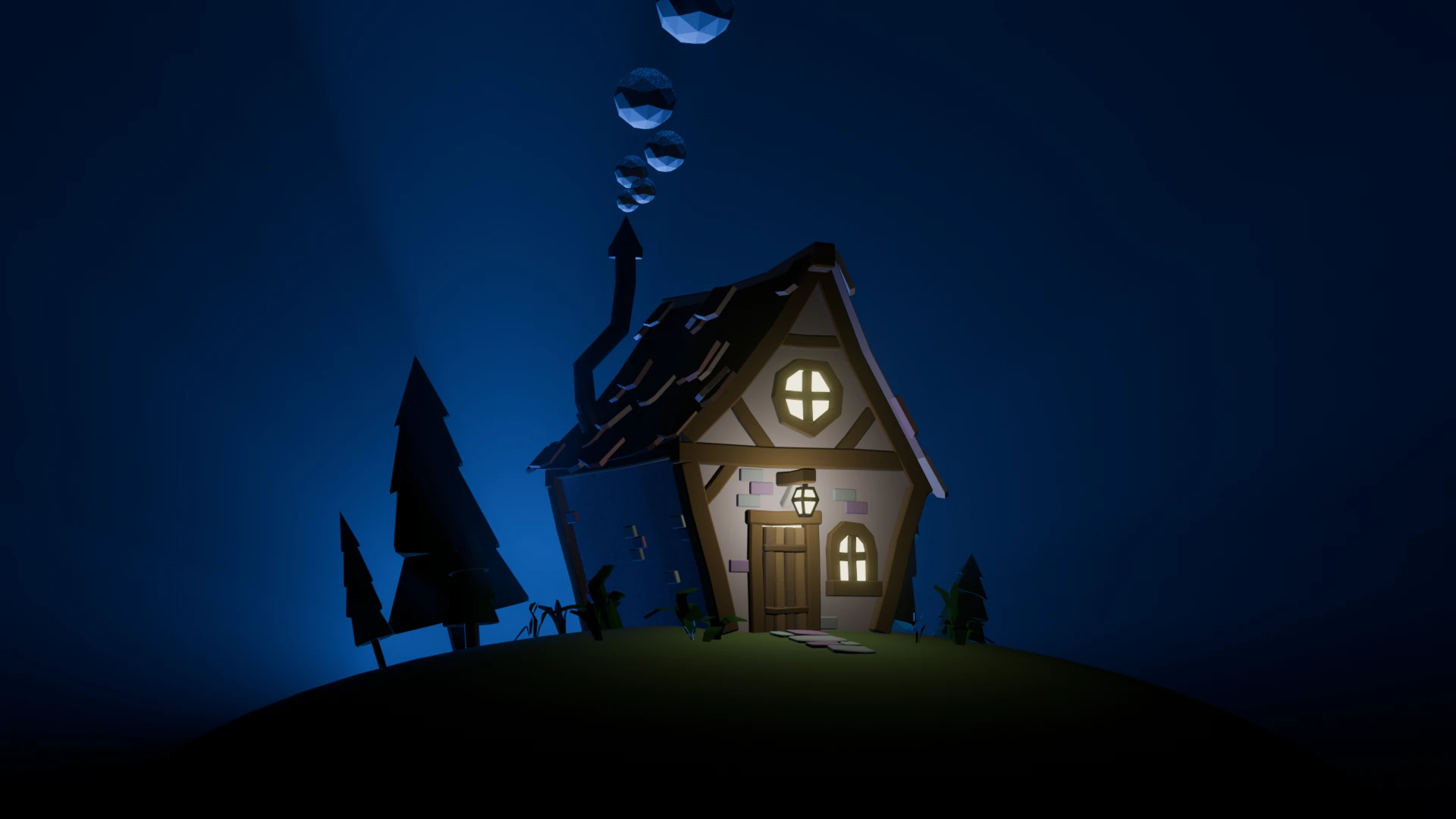 Stylized nighttime 3D house scene rendered in Blender