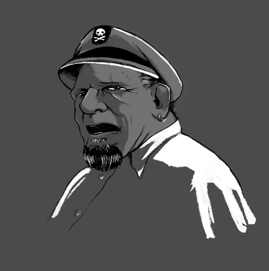 Black-and-white digital illustration of a grizzled sea captain