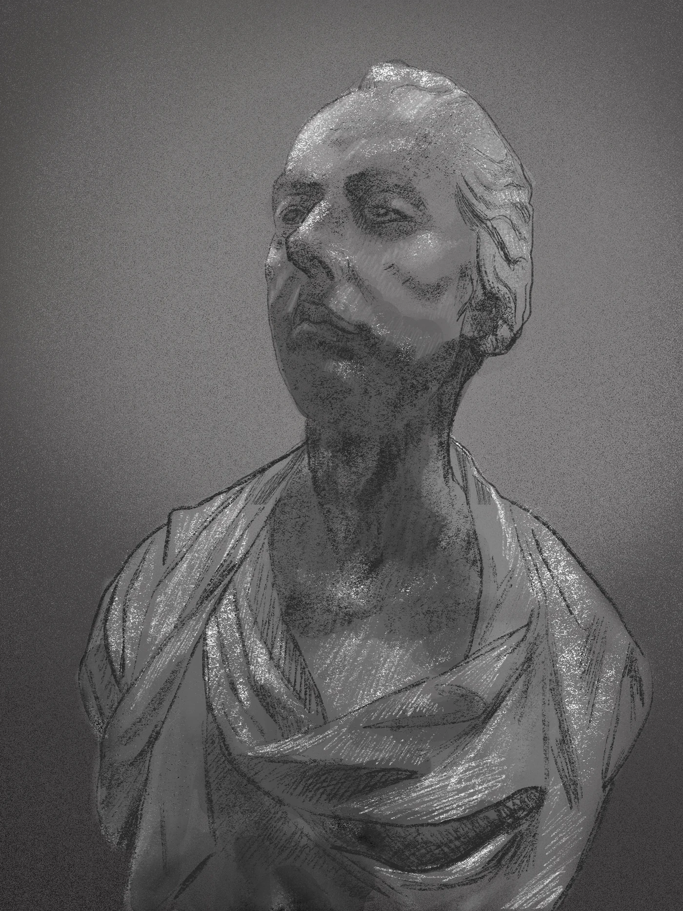 Grayscale digital painting of a sculpture bust created in Procreate